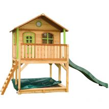 Holz Kinderspielhaus Marc inkl. Veranda & Rutsche Natur 180x180x294 cm - AXI