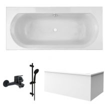 Jacob Delafon - Pack bañera recta 170 x 75 Elise + faldón esquinero + rociador negro mate y pack mezclador Aimé + desagüe