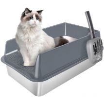 Bac à Litière Chat Maison de Toilette Acier pour Chat inoxydable avec Pelle 35x50x20cm Gris