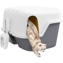 Bac à litière chat semi-fermé - couvercle supérieur verrouillable ouvrable, pelle - 50 x 50 x 39 cm - pp crème