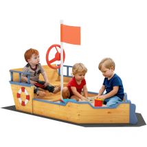 Outsunny - Bac à sable bateau de pirate - banc, coffre rangement, gouvernail, drapeau, bâche - bois sapin pré-huilé