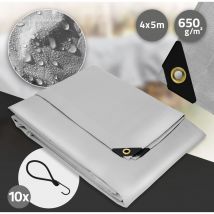 Ecd Germany - Bâche de Protection Premium avec Œillets + 10 Crochets, 5x4m 20m², 650g/m², Grise, Tissu pvc, Indéchirable, Imperméable, Housse