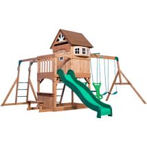 Backyard Discovery - Montpelier Aire de Jeux en bois avec Balan oires, Toboggan Mur d'Escalade et Banc Balancoire Exterieur avec Toboggan, Portique