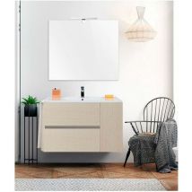 Ducha - Bad-Hängeschrank gea mit Keramik Waschtisch und Spiegel - 2 Schubladen und seitlicher Stauraum mit Tür - Handtuchhalter als Geschenk - Creme