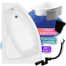 Badland - Badewanne Eckbadewanne 130x85 Links mit Styroporverkleidung + Kopfstütze, Ablaufgarnitur & Füßen gratis - Komplettset 5in1 - Made in eu rima