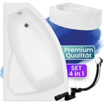 Badewanne Eckbadewanne 140x90 Links mit AcrylSchürze, Ablaufgarnitur & Füßen GRATIS - Komplettset 4in1 Original Acryl Wanne Siphon - BADLAND RIMA