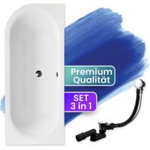 Badland - Badewanne Eckbadewanne 160x75 Rechts + Bambus Ablage, Ablaufgarnitur & Füßen gratis - Komplettset 4in1 Original Acryl Wanne Siphon avita
