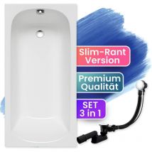 Badewanne Rechteck 130x70, Ablaufgarnitur & Füßen GRATIS - Komplettset 3in1 Original Acryl Wanne Premium Siphon - Made in EU - BADLAND CLASSIC SLIM