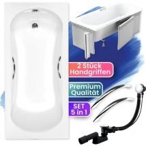 Badland - Badewanne Rechteck 130x70 mit Styroporverkleidung + Handgriffen, Ablaufgarnitur & Füßen gratis - Komplettset 5in1 Acryl Wanne Siphon aria