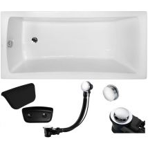 Badewanne Rechteck 140x70 + Kopfstütze, Ablauf & Füße GRATIS - Komplettset 4in1 Original Acryl Wanne - BADLAND OPTIMA