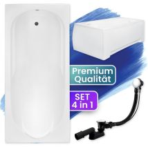 Badland - Badewanne Rechteck 160x70 mit AcrylSchürze, Ablaufgarnitur & Füßen gratis - Komplettset 4in1 Original Acryl Wanne Siphon bona