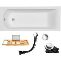 Badewanne Rechteck 170x70 + Bambus Ablage, Ablaufgarnitur & Füßen GRATIS - Komplettset 4in1 Original Acryl Wanne Premium Siphon - BADLAND SHEA