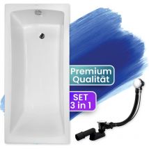 Badewanne Rechteck 170x70, Ablaufgarnitur & Füßen GRATIS - Komplettset 3in1 Original Acryl Wanne Premium Siphon - Made in EU - BADLAND OPTIMA