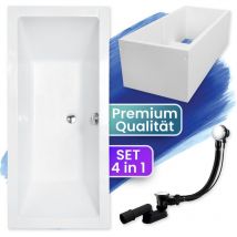 Badland - Badewanne Rechteck 170x75 Mit Wannenträger, Ablaufgarnitur & Füßen Gratis - Komplettset 4in1 Original Acryl Wanne Siphon Quadro