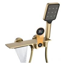 Badewannenarmatur mit Handbrause Gebürstetes Gold Wasserfall Badewannenarmatur mit Temperaturanzeige, Messing Mischbatterie Wasserhahn Badewanne, 3