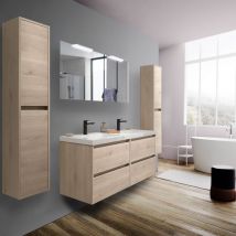 Abitare - 140 cm hängender Badezimmerschrank aus Naturholz mit eingebautem Waschbecken – Nova - 140 cm mit Doppelspiegel und led Lampe