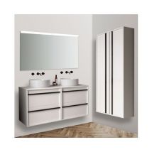 Caesaroo - 120 cm hängender Badezimmerschrank aus satinweißem Holz mit Waschbecken – Astoria - 120 cm mit Doppelspiegel und led Lampe