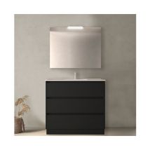 Caesaroo - Bodenstehender Badezimmerschrank 80 cm satinschwarz mit Porzellanwaschbecken – Nova - mit Kolonne Spiegel und led Lampe
