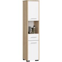 Abamihome - Badezimmersäule akord fin Sonoma-Eiche 30 cm 2 Türen Schublade 5 Ebenen Front Weiß B30 x H140 x T30 cm