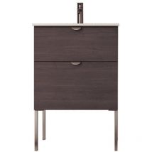 Kassia - Badezimmermöbel Smug 60x90x45 cm in dunkler Eiche mit Keramikwaschbecken, dekorativen Beinen und Soft-Close –