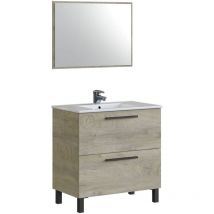 NON - Unterschrank mit Spüle Yonkers, Badezimmerschrank mit 2 Schubladen, Hängeschrank mit Spiegel, Waschbecken nicht enthalten, cm 80x45h80, Eiche