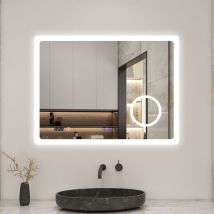Badezimmerspiegel led Badspiegel Wandspiegel Touch Beschlagfrei+Uhr+Bluetooth+Kosmetikspiegel+3 Farben Dimmbar+LED Memory Funktion 80 x 60 cm
