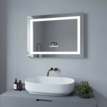 Aquabatos - Badspiegel mit Bluetooth Lautsprecher und Uhr 80x60cm brussels Typ e Touch Sensor Dimmbar Digital Uhr Antibeschlag Kaltweiß 6400K