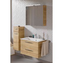 Badmöbel Set mit Mineralmarmor Waschbecken und led Beleuchtung TRENTO-66 in Riviera Eiche Nb., b/h/t: ca. 122/200/50 cm