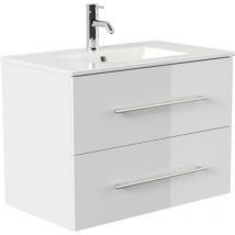 Waschtischunterschrank 80 cm – Hochglanz Weiß – 2 Schubladen mit Softclose – Badmöbel – Keramikwaschbecken – Wandmontage