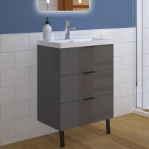 Badmöbel Unterschrank Standschrank Stehend Waschtisch Mit Kunststein Tiefwaschbecken Hochglanz Anthrazit 60cm