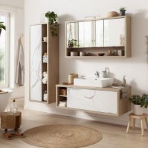 Composad - Badmöbel-Komplettset mit Waschtisch, Sockel und Eiche und Marmor Kommode -Spiegel-Panel