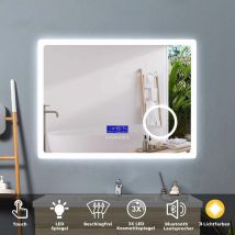 Acezanble - 80 x 60 cm led Spiegel+Beschlagfrei+Bluetooth+3 Lichtfarben Dimmbar+Kosmetikspiegel+Farbtemperatur und Helligkeit Memory Funktion
