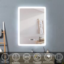 Acezanble - 60 x 80 cm led Spiegel+Beschlagfrei+Uhr+3 Lichtfarben Dimmbar+Farbtemperatur und Helligkeit Memory Funktion