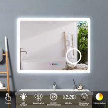 Acezanble - 80 x 60 cm led Spiegel+Beschlagfrei+Uhr+3 Lichtfarben Dimmbar+Kosmetikspiegel+Farbtemperatur und Helligkeit Memory Funktion