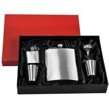 Flachmann-Set Geschenkbox Edelstahl Trichter, 4 Bechern, Schlüsselanhänger
