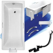Baignoire Rectangulaire 170x70 avec des panneaux en polystyrène + poignée + appui-tête, Siphon de bain et pieds - Set 6en1 Badland optima premium