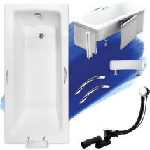 Baignoire Rectangulaire 170x75 avec des panneaux en polystyrène + poignée + appui-tête, Siphon de bain et pieds - Set 6en1 Badland talia premium