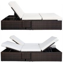 Casaria Bain de soleil xxl 2 personnes 116cm en polyrotin brun avec coussin beige Chaise longue réglable Extérieur