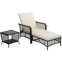 Outsunny - Bain de soleil transat design colonial avec table basse et matelas - dossier inclinable - résine tressée, polyester - marron crème