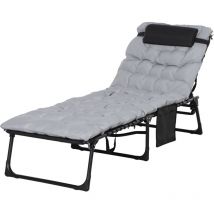 Bain de soleil transat pliable inclinable avec poignée, pochette rangement et matelas grand confort gris