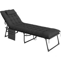 Bain de soleil transat pliable inclinable avec poignée, pochette rangement et matelas grand confort noir