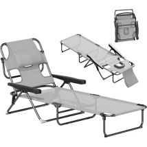 Bain de soleil transat pliable inclinable - coussins, espace tête - acier noir polyester antracite