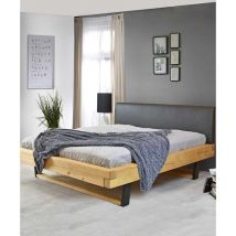 Uniqka - Bakara - Lit poutre en bois massif d'épicéa et métal noir