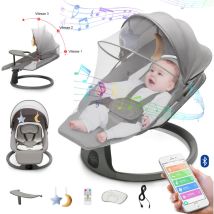 Balancelle Transat Bébé Électrique 3 En 1 Avec Télécommande, Pédale, Table À Manger, 5 Modes Balancement, Bluetooth Musique - Gris
