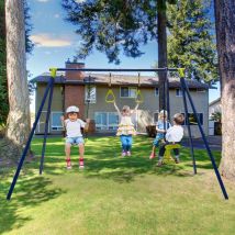 Balançoire Enfants en Métal avec 1 Face à Face et 1 Anneaux de Gymnastique Equipement de Jeu Extérieur avec Cadre en Forme de a Charge 200kg pour