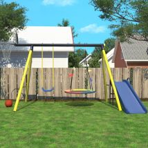 Portique avec balançoire, balançoire simple, panier de basket, support de basket, toboggan pour enfants de 3 à 8 ans, en métal