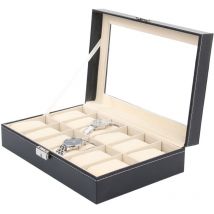 BALLSHOP PU Leather Watch Display Case with 12 Slots, Glass Lid, Velvet Lining, Lockable Clasp for Men and Women
