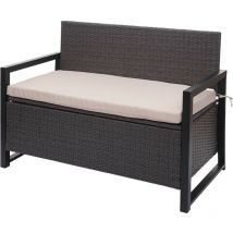 Banc 2 places en poly rotin HHG-564, banc coffre, compartiment de rangement, gris, coussins beige