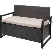 Banc 2 places en poly rotin HHG-564, banc coffre, compartiment de rangement, gris, coussins beige