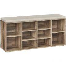 Banc à Chaussures, Banc de Rangement avec Coussin Rembourré, 10 Compartiments, Étagères Réglables, pour Salon, Couloir, 30 x 104 x 48 cm, Marron Camel